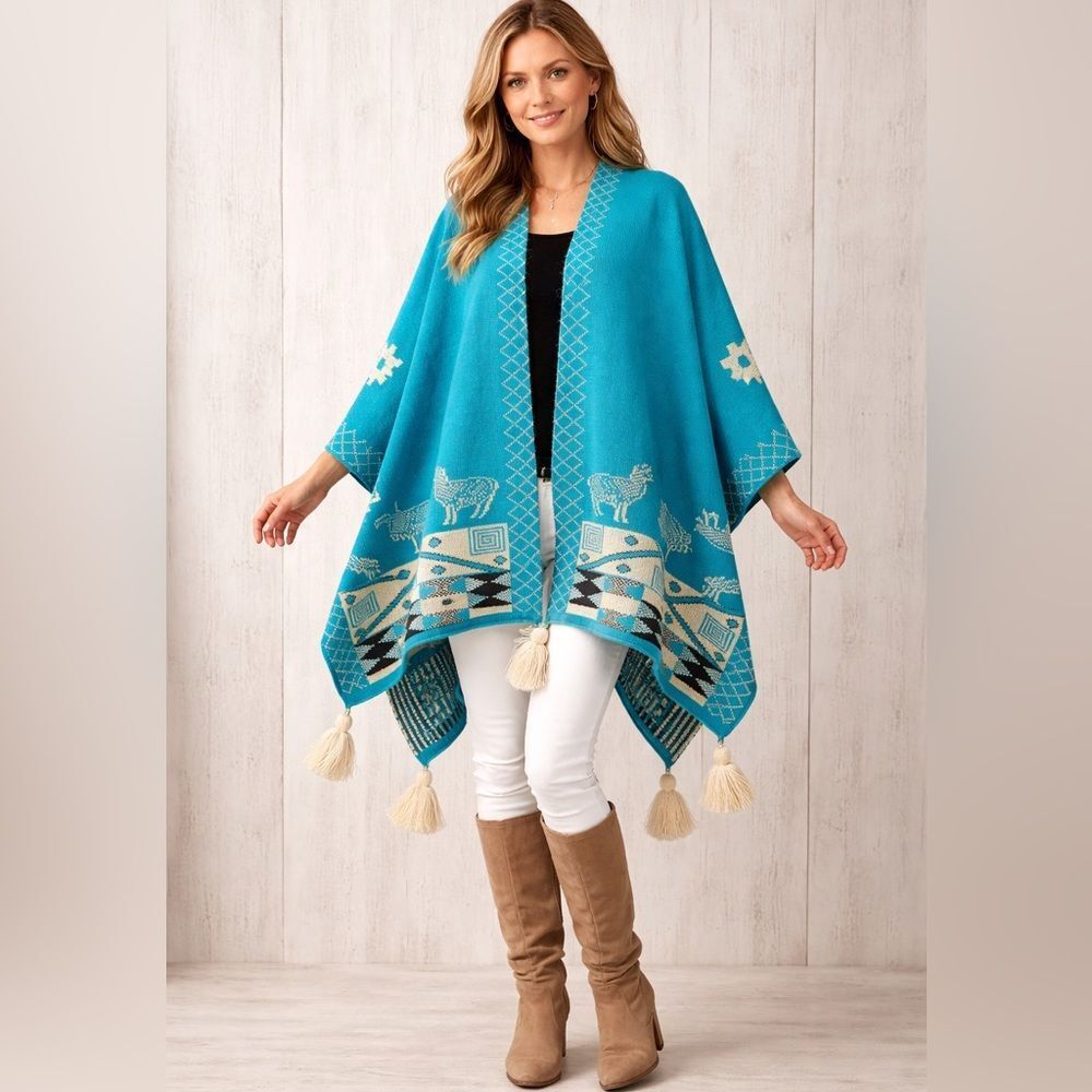 PeruvianโReversible Turquoise Poncho Boho Southwestern One Size Layering Winter